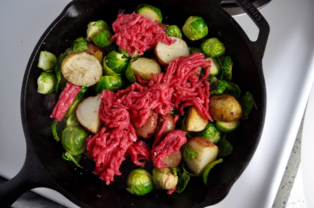 ground beef, brussels sprouts hash